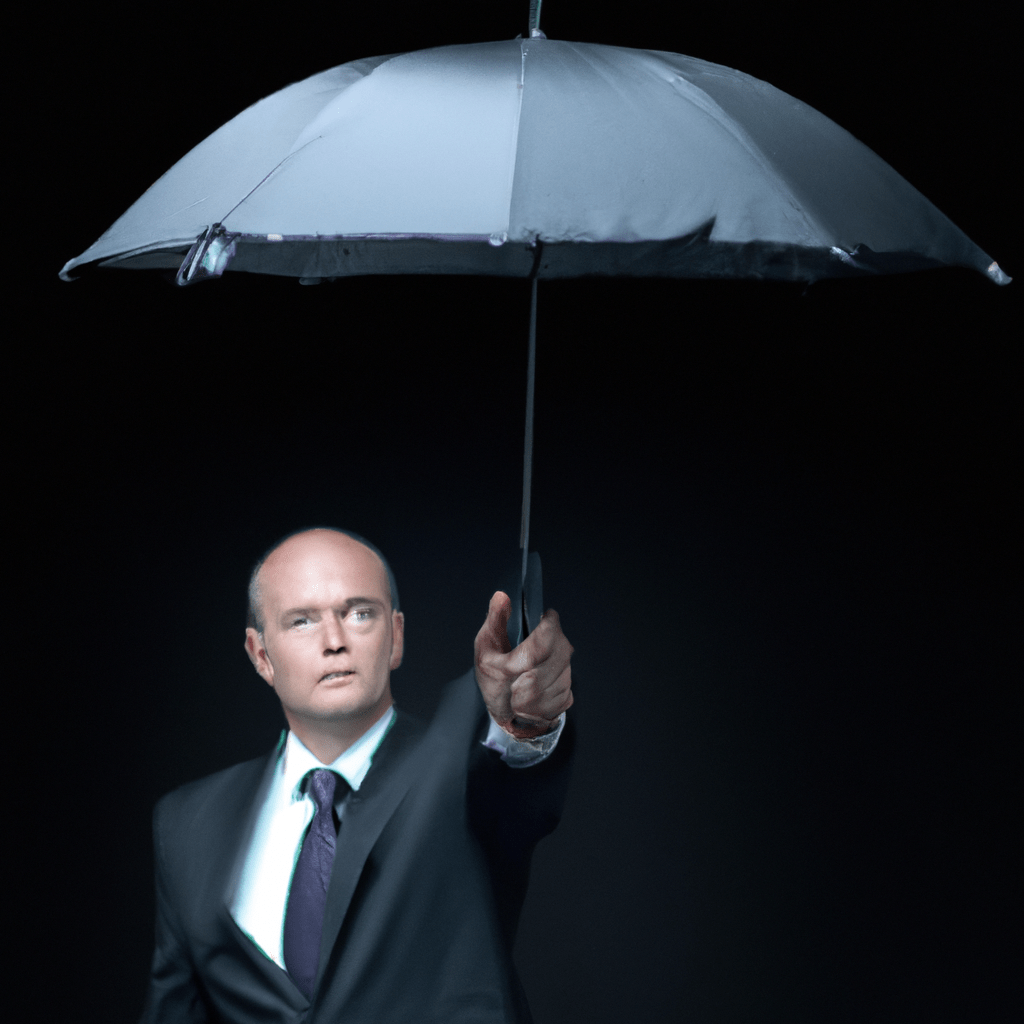 A photo of a businessman holding an umbrella, representing protection against market volatility.. Sigma 85 mm f/1.4. No text.