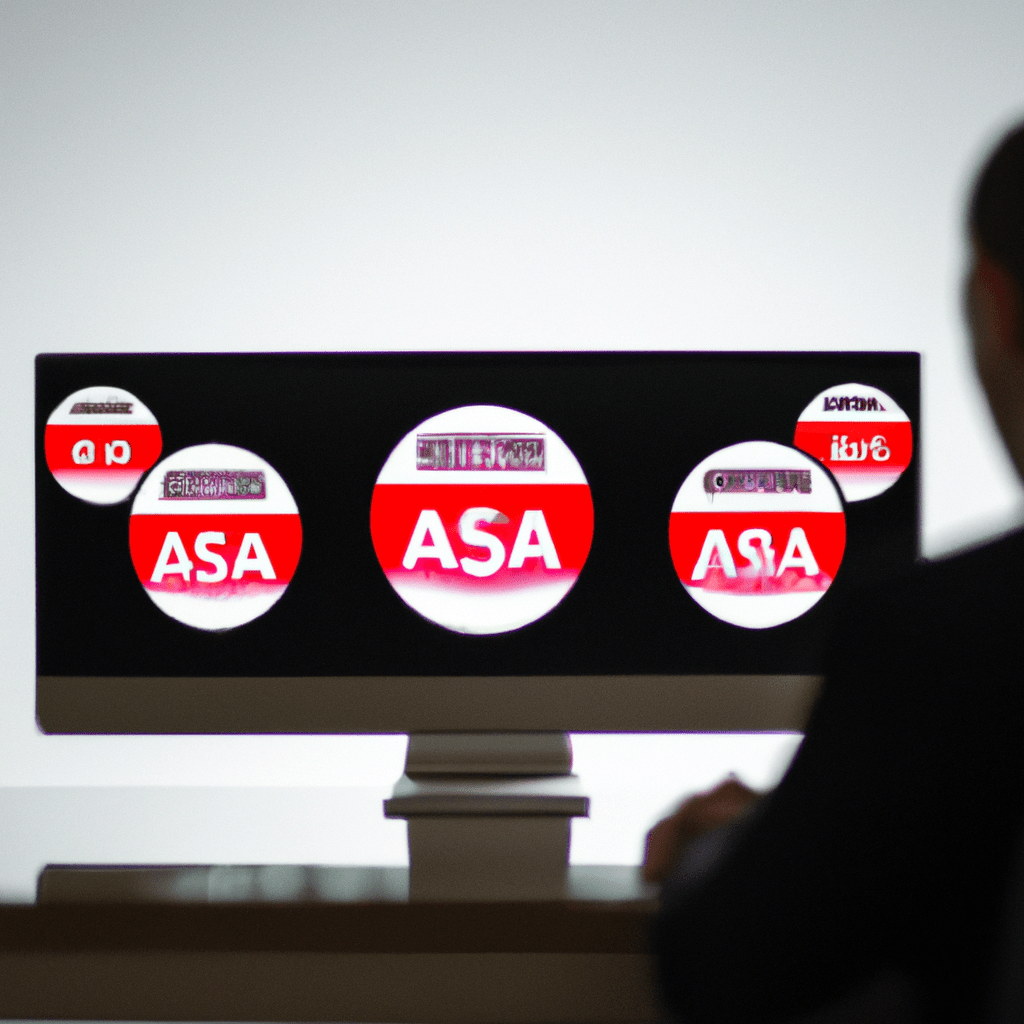 A photo of a businessman looking at multiple rating agency logos on a computer screen.. Sigma 85 mm f/1.4. No text.