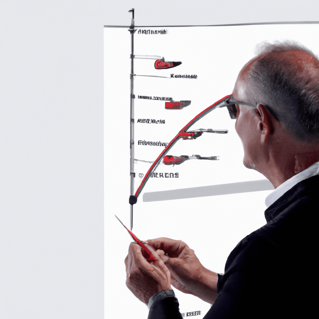 A photo showing a businessman analyzing different bond hedging strategies on a graph, considering risk and benefits.. Sigma 85 mm f/1.4. No text.
