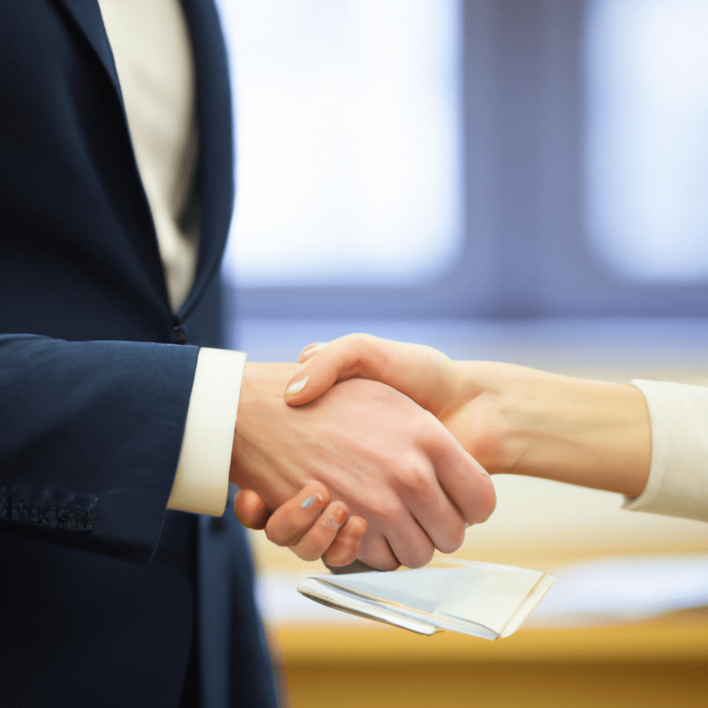 A photo of a businessman shaking hands with a bank representative, symbolizing the use of invoice financing to secure business transactions.. Sigma 85 mm f/1.4. No text.