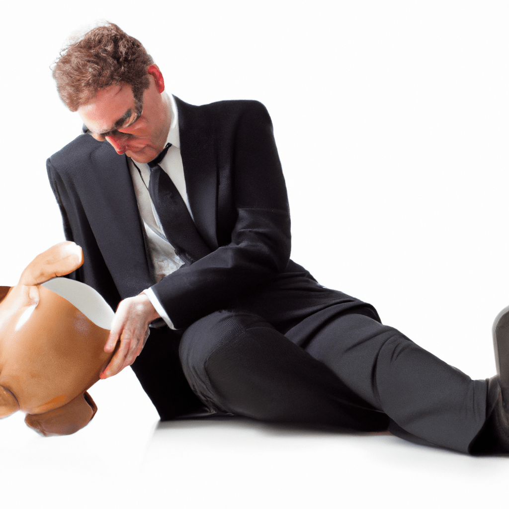 [Photo: A businessman with a broken piggy bank symbolizing the risks of liquidity shortage.]. Sigma 85 mm f/1.4. No text.