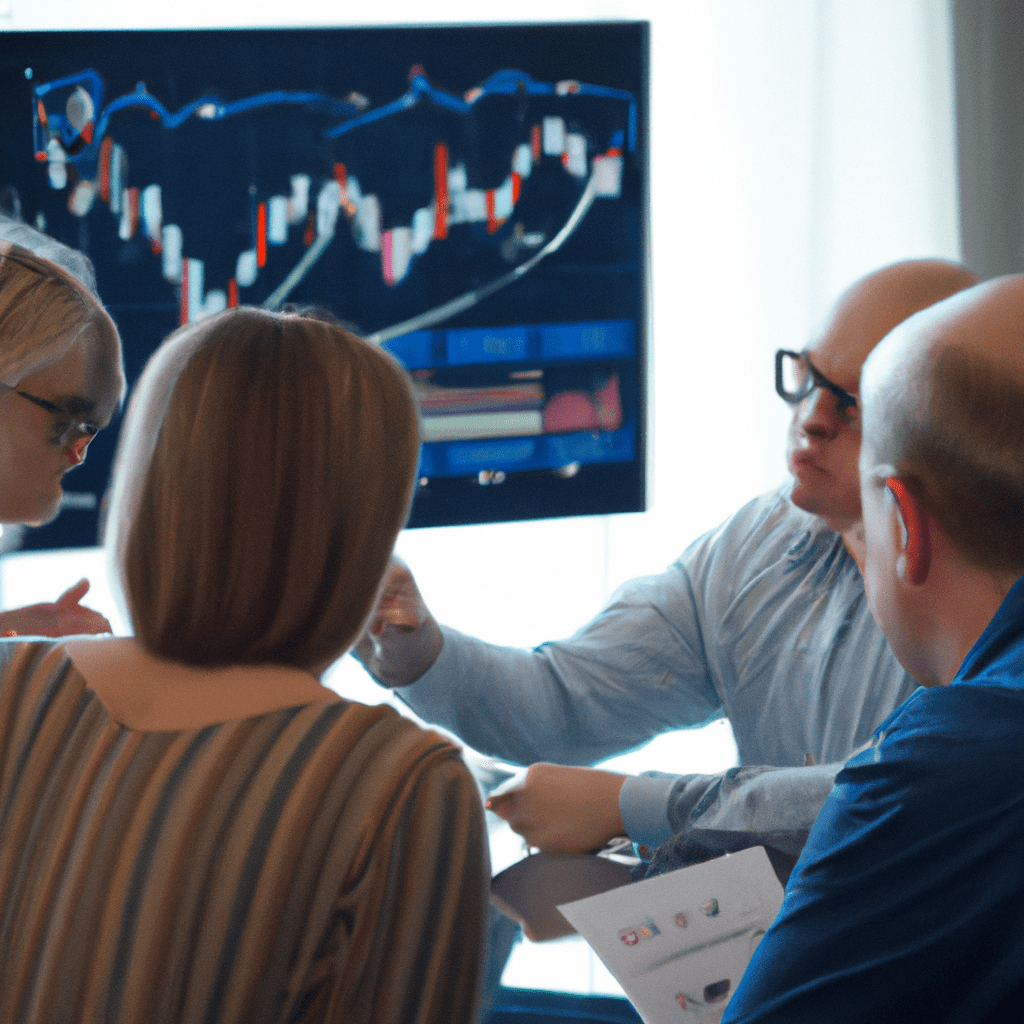 A photograph depicting a group of people discussing financial goals while looking at investment charts.. Sigma 85 mm f/1.4. No text.