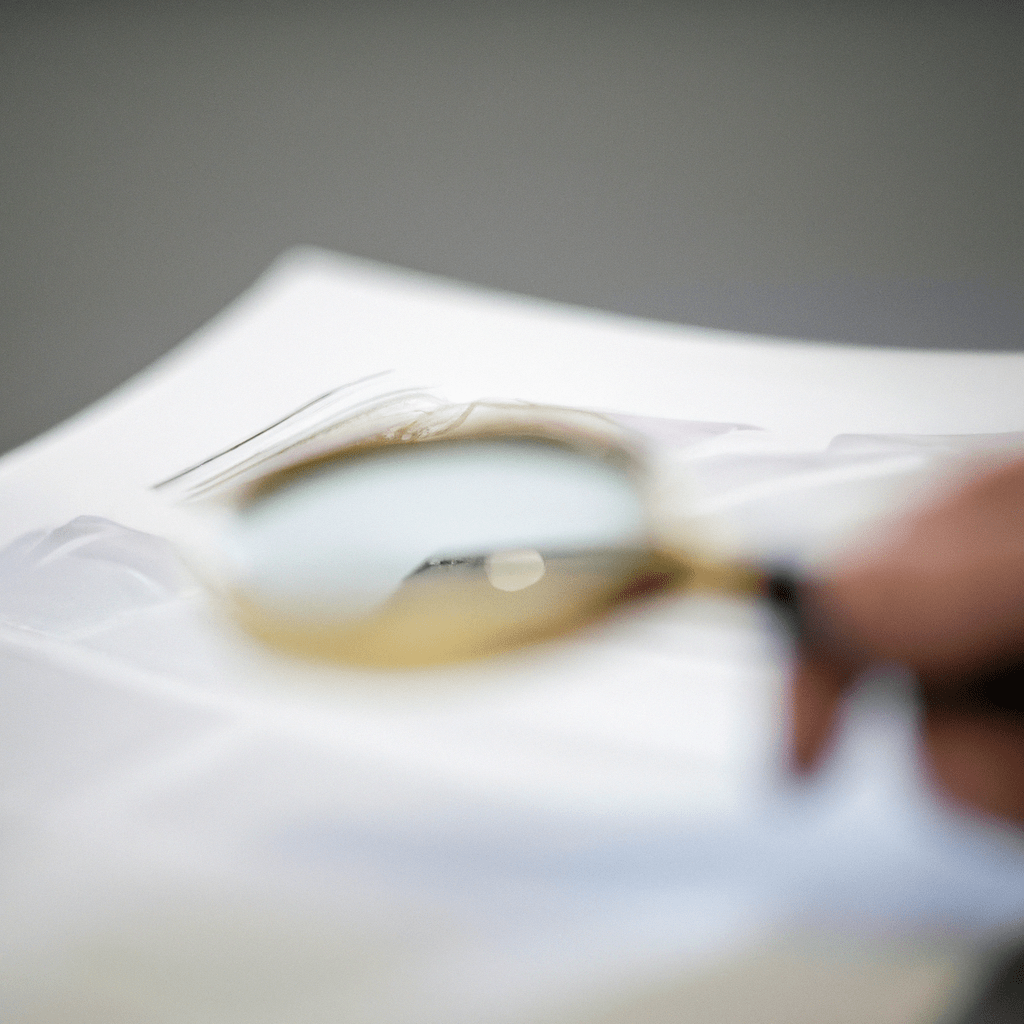 A close-up photo of a person analyzing bond documents with a magnifying glass.. Sigma 85 mm f/1.4. No text.