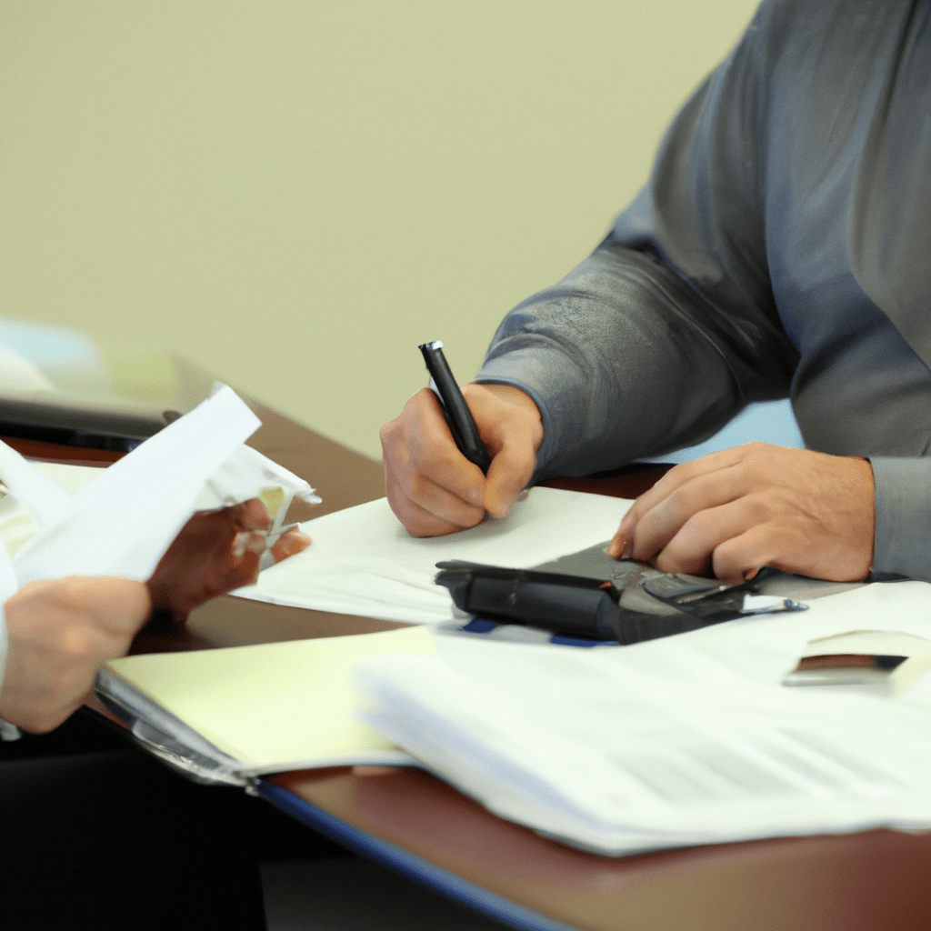 A photo of a person consulting with a tax advisor about the tax implications of bond investments. They are sitting at a desk with financial documents and calculators. Sigma 85 mm f/1.4. No text.. Sigma 85 mm f/1.4. No text.