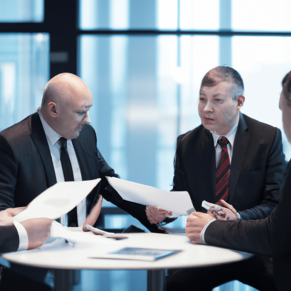 A group of investors discussing bond protection strategies in a modern office setting, focusing on financial security and investment stability.. Sigma 85 mm f/1.4. No text.
