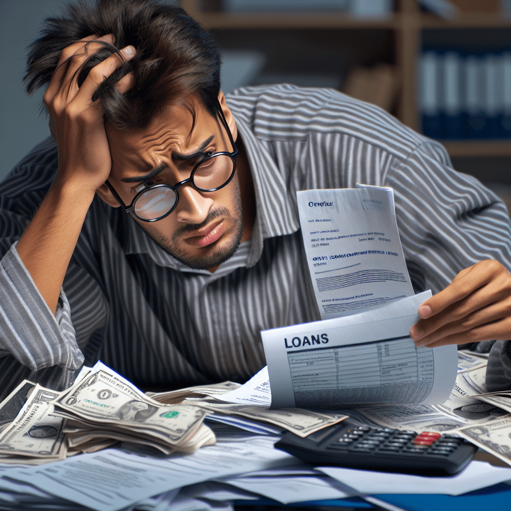 A stressed person surrounded by financial documents, representing the consequences of early loan repayment. Canon EOS 70-200mm f/2.8.. Sigma 85 mm f/1.4.