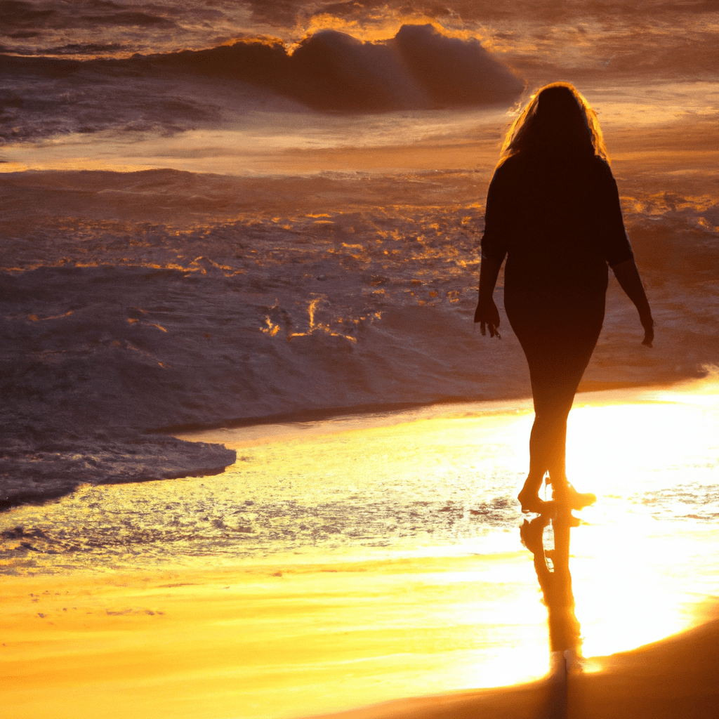 A woman enjoying a peaceful evening walk along the beach at sunset, with the golden sun casting a warm glow over the sand and waves. Lens: Canon 24-70mm f/2.8.. Sigma 85 mm f/1.4. No text.